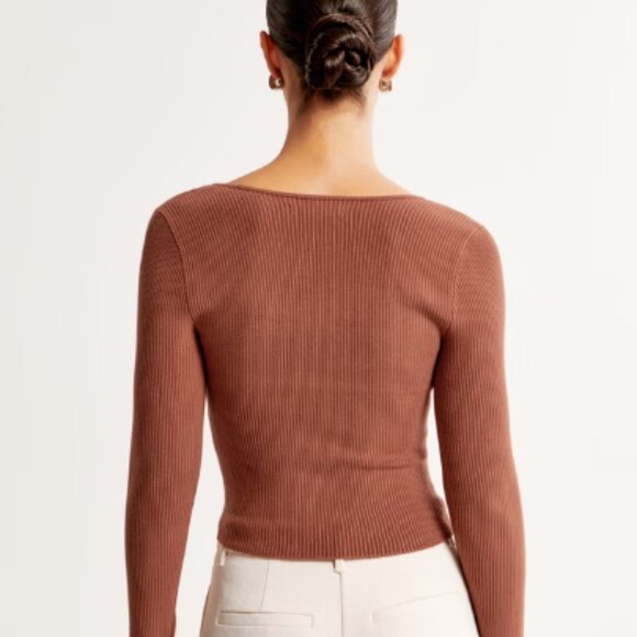 Abercrombie & Fitch Long-Sleeve Ottoman Squareneck Top Brown Small - Picture 3 of 6